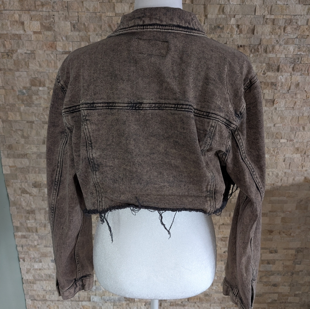 Distressed Brown Cropped Denim Jacket Raw Hem Grunge Indie Street Sz L Acid Wash image 5